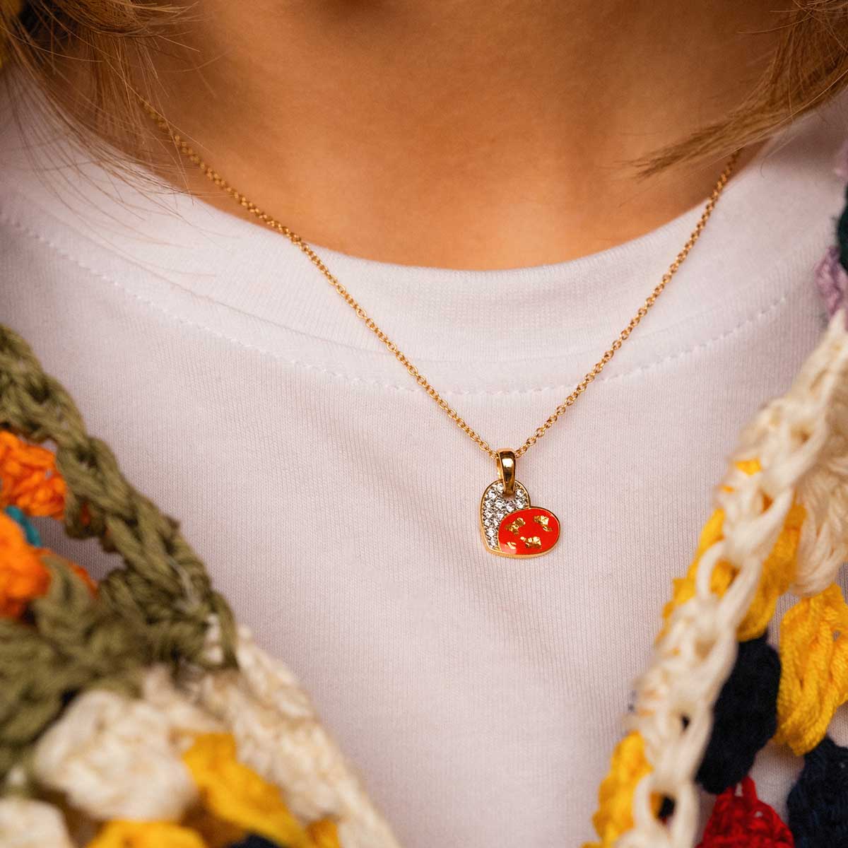 Heart necklace -  Enamel and Gold Leaves