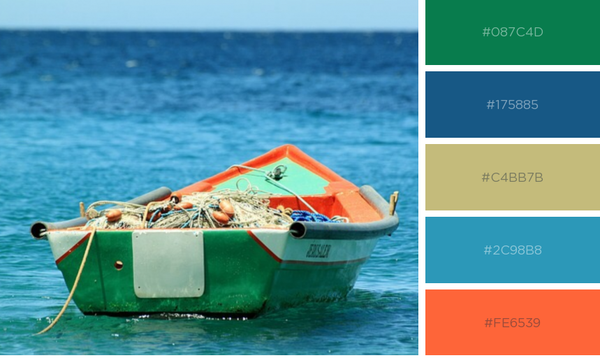 Teal and orange fishing boat in ocean waters