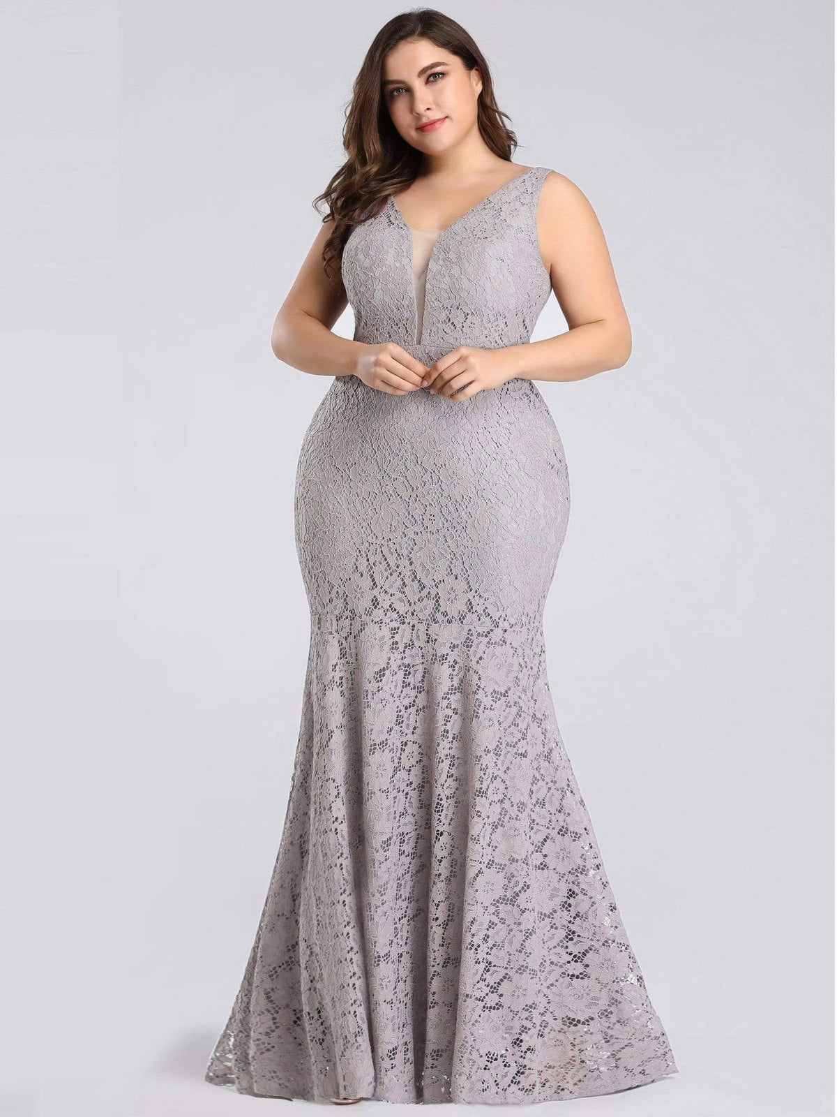 Color=Grey | Plus Size Sexy Fitted Lace Mermaid Style Evening Gown-Grey 2