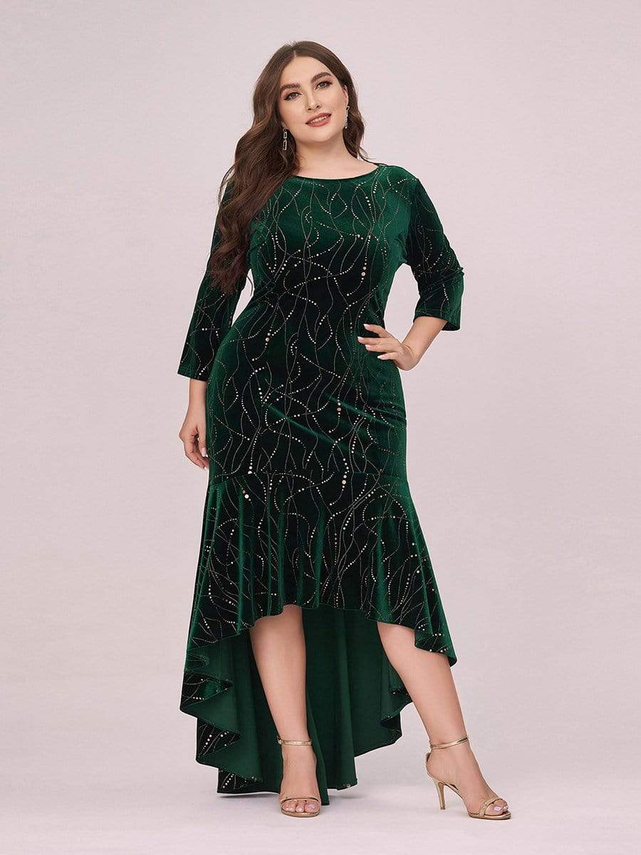 Color=Dark Green | Elegant Plus Size Bodycon High-Low Velvet Party Dress-Dark Green 4