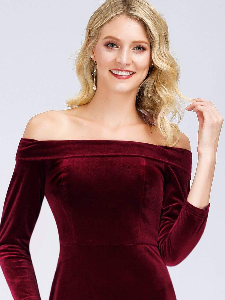 Evening Maxi Dress Off The Shoulder Velvet Long Sleeve Bodycon 8157