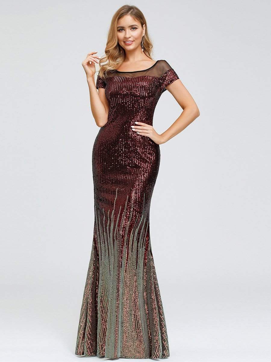 Color=Burgundy | Women'S Cap Sleeve Sequin Dress Mermaid Party Dress-Burgundy 7