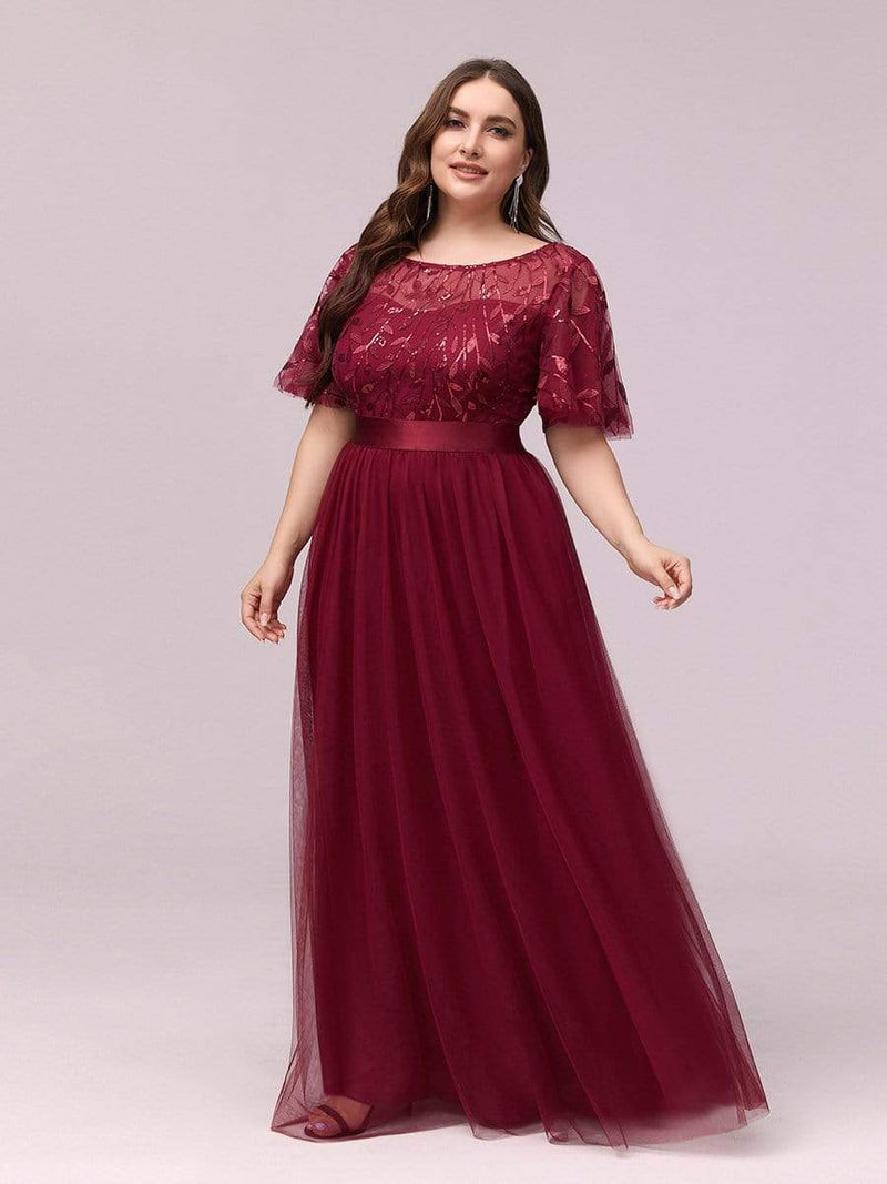 Plus Size Sequin Leaf Bodice Formal Evening Dress