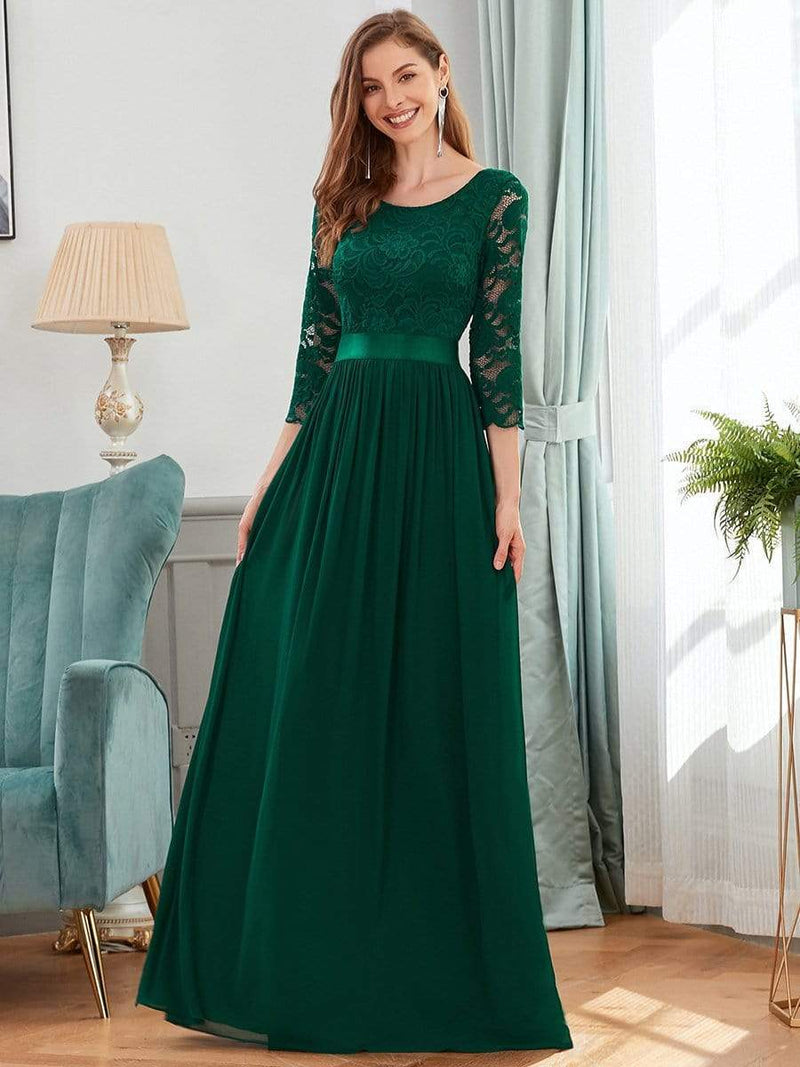 Dark Green Three Quarter Sleeves Lace Bridesmaid Dress