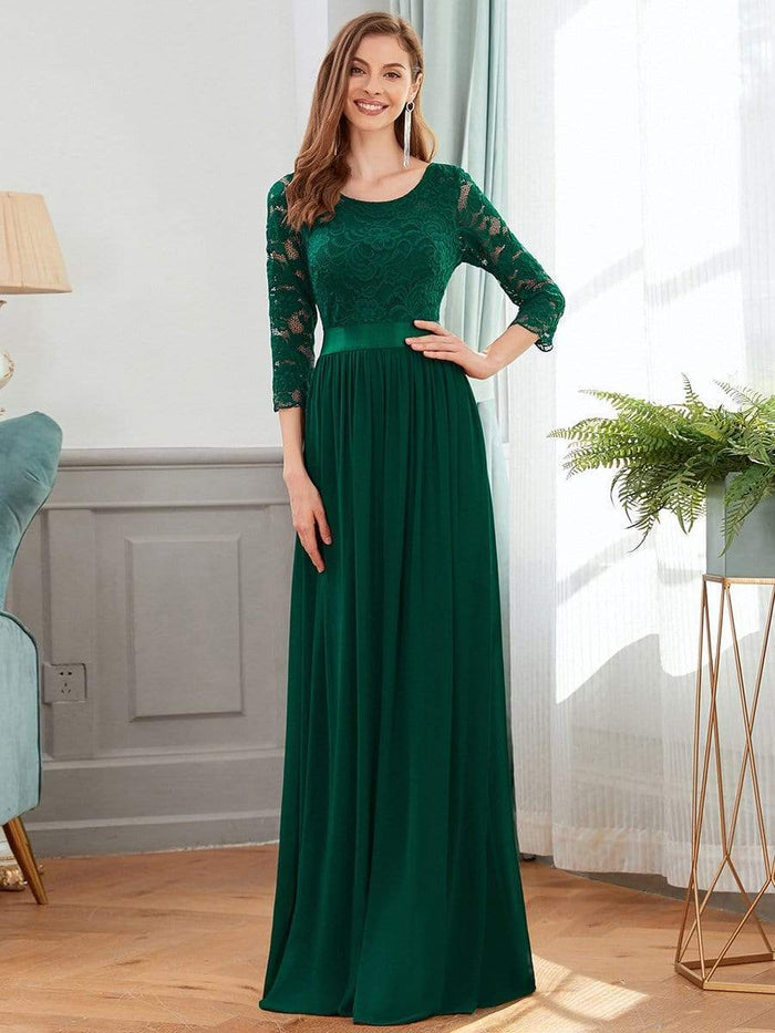 Dark Green Three Quarter Sleeves Lace Bridesmaid Dress