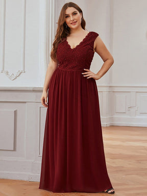 COLOR=Burgundy | Long Chiffon Evening Dress With Lace Bodice & V Neck-Burgundy 1