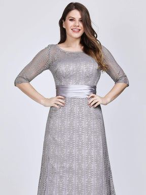 Color=Grey | Plus Size Long Sleeve Lace Formal Mother Of The Bride Dress-Grey 5