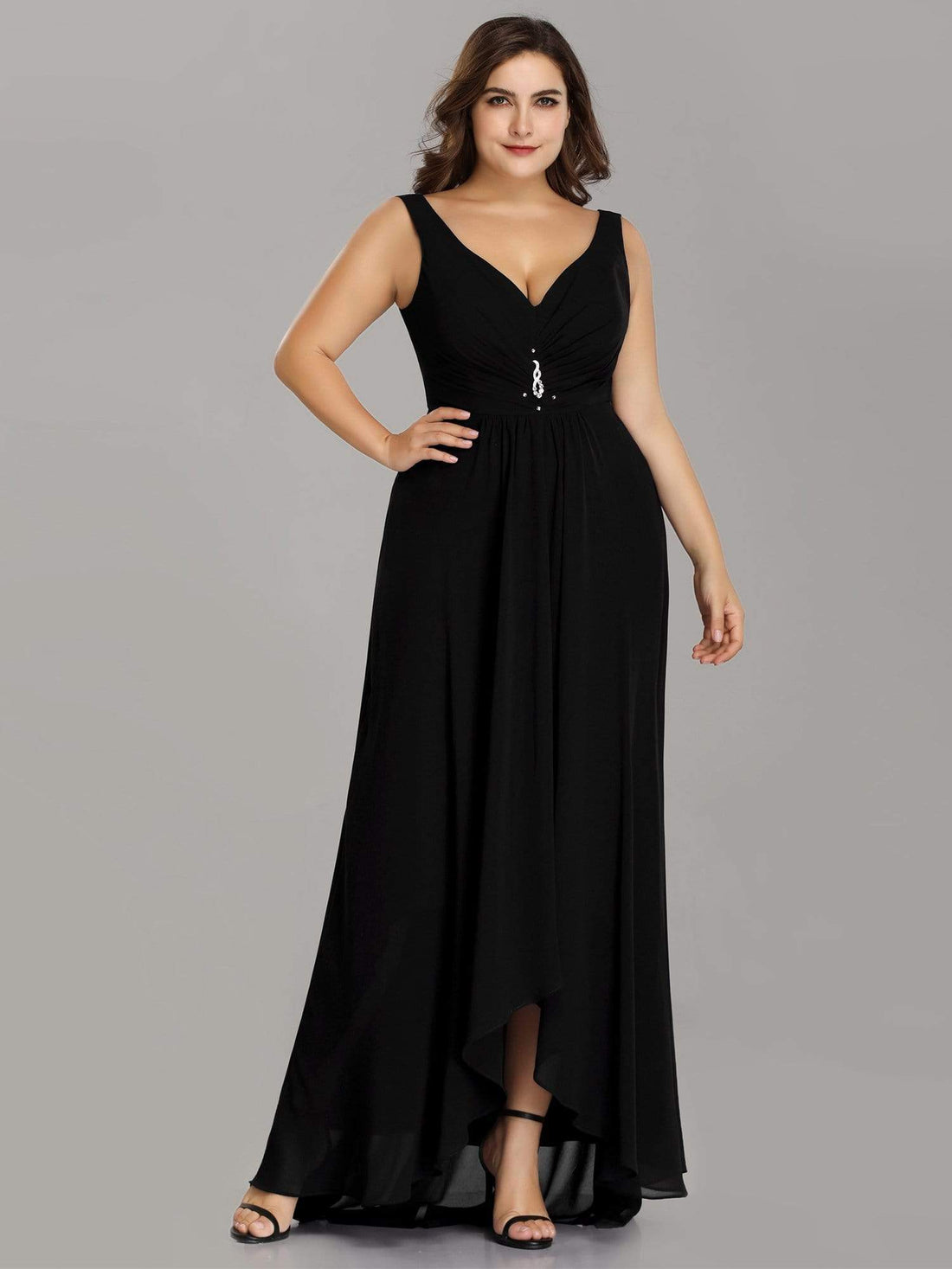 Plus Size Rhinestone V-Neck High-Low Evening Party Dress