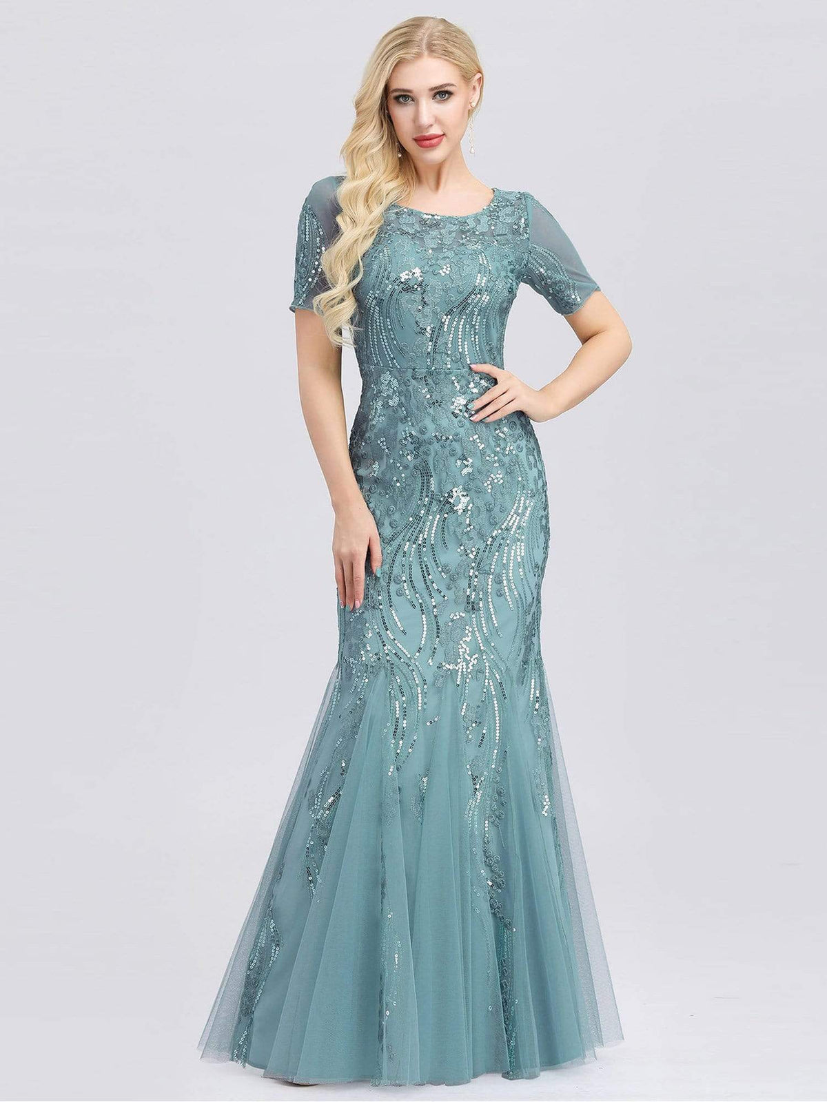 Full Embroidery Sequin Mermaid Evening Dress with Sleeves
