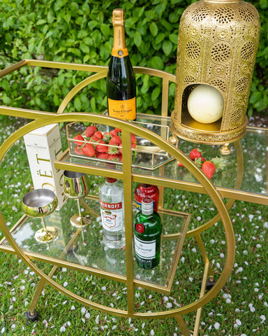 Round Art Deco Gold Drinks Trolley with Two Rectangular Glass Shelves & Handle