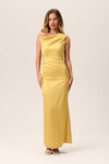 One Shoulder Hidden Back Zipper Draped Ruched Slit Maxi Dress