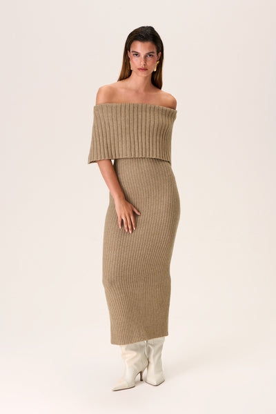 Slit Ribbed Off the Shoulder Midi Dress