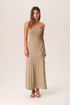 Flared-Skirt Bandeau Neck Ribbed Asymmetric Pleated Dress