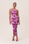 Floral Print Asymmetric Stretchy Ruched Midi Dress