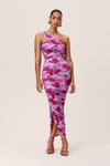 Asymmetric Stretchy Ruched Floral Print Midi Dress