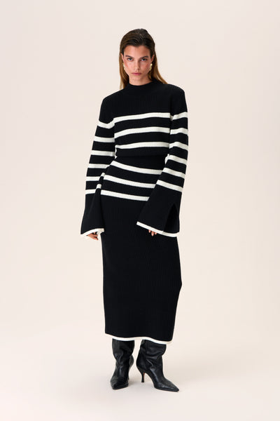 Collared Striped Print Floor Length Slit Midi Dress