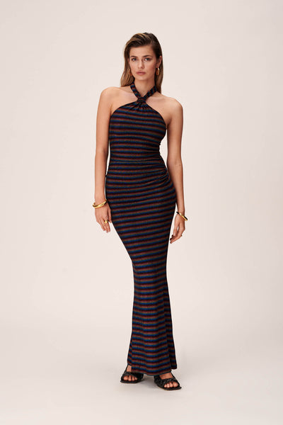Striped Print Halter Open-Back Stretchy Maxi Dress