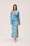 V-neck Floral Print Hidden Back Zipper Asymmetric Slit Ruched Fitted Mermaid Maxi Dress