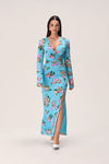 V-neck Floral Print Mermaid Ruched Asymmetric Slit Fitted Hidden Back Zipper Polyester Maxi Dress