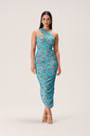 Ruched Stretchy Asymmetric Floral Print Midi Dress