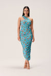 Floral Print Ruched Asymmetric Stretchy Midi Dress