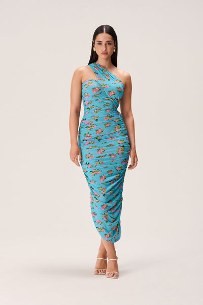 Floral Print Asymmetric Stretchy Ruched Midi Dress