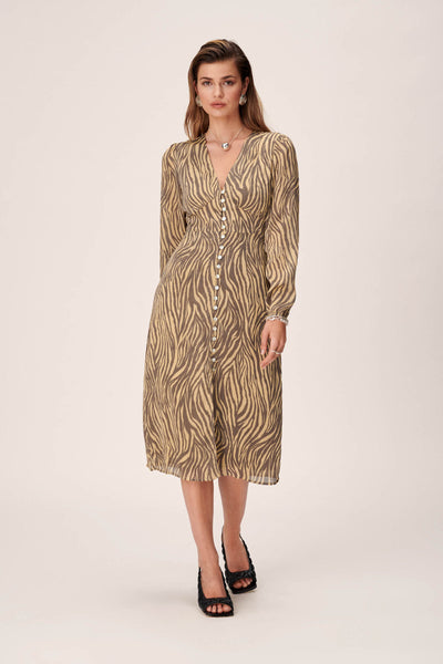 Animal Zebra Striped Print Polyester Hidden Back Zipper Slit Floor Length Midi Dress