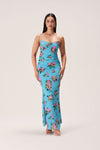 Floral Print Open-Back Slit Polyester Slip Dress/Maxi Dress