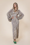 V-neck Collared Long Sleeves Animal Zebra Print Hidden Back Zipper Slit Maxi Dress