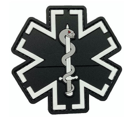 Star of Life Medical Patch 4x4 - Reflective White Image - Black Backing -  Hook Fabric