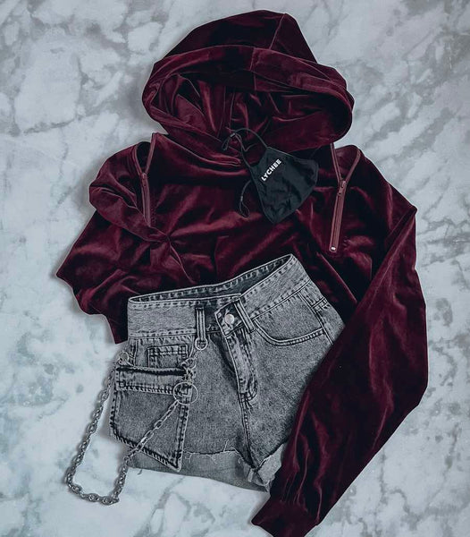 red velvet zip back oversized cropped hoodie with denim shorts