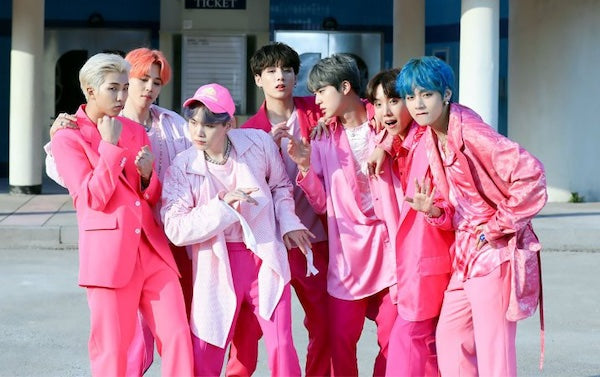 BTS preppy outfit with members all dressed in oversized pink clothes