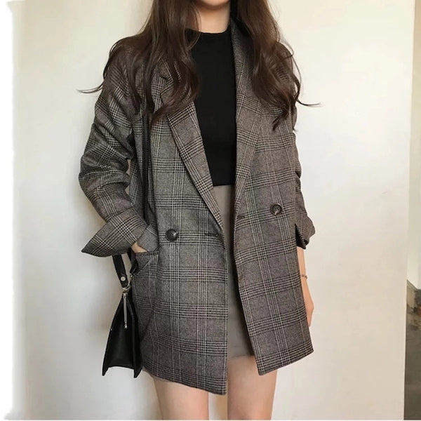 Korean winter oversized blazers in grey plaid