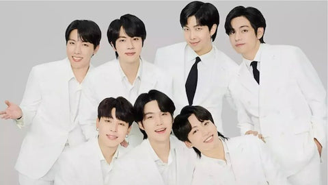 bts kpop boy group all matching in white and posing