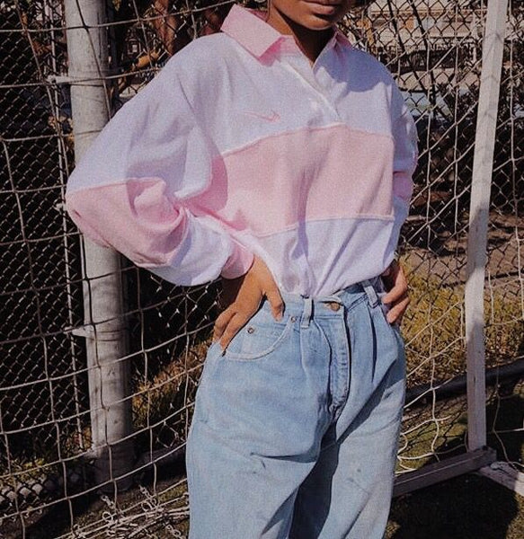 soft girl aesthetic with mom jeans and pink windbreaker