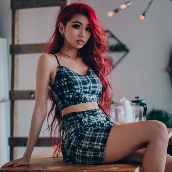 plaid top and skirt set on red hair lychee the label model