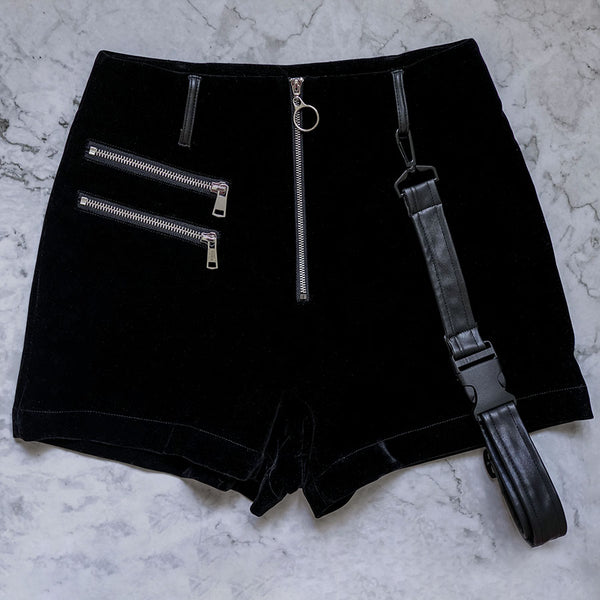 affogato velvet pleather strap shorts Flat Lay close up 