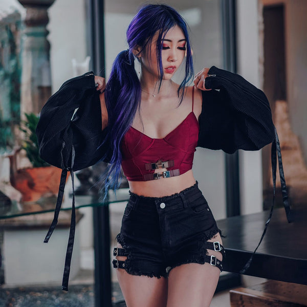 shiso red buckle bustier under their strap cardigan worn on purple hair model