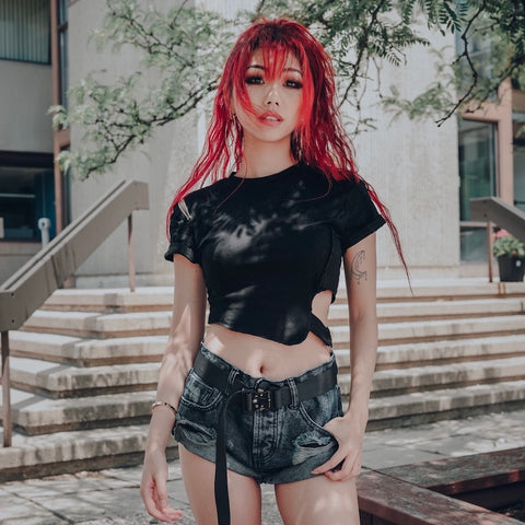 assam asymmetrical crop tee on red hair lychee the label model