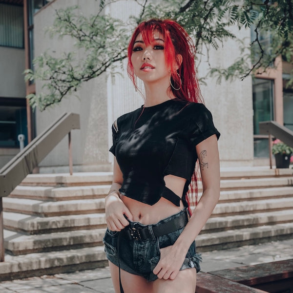 assam strap cutout tee on asian red hair model