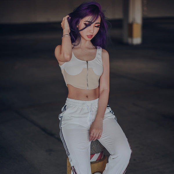 croissant mock corset tank top and joggers on purple hair model