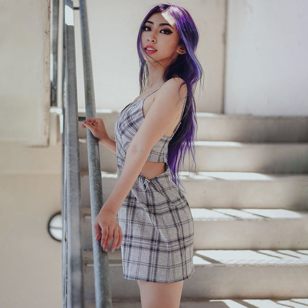 koucha plaid dress in staircase on purple hair model