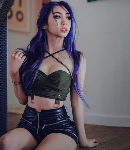 matcha strap kpop top and pleather shorts on purple hair model