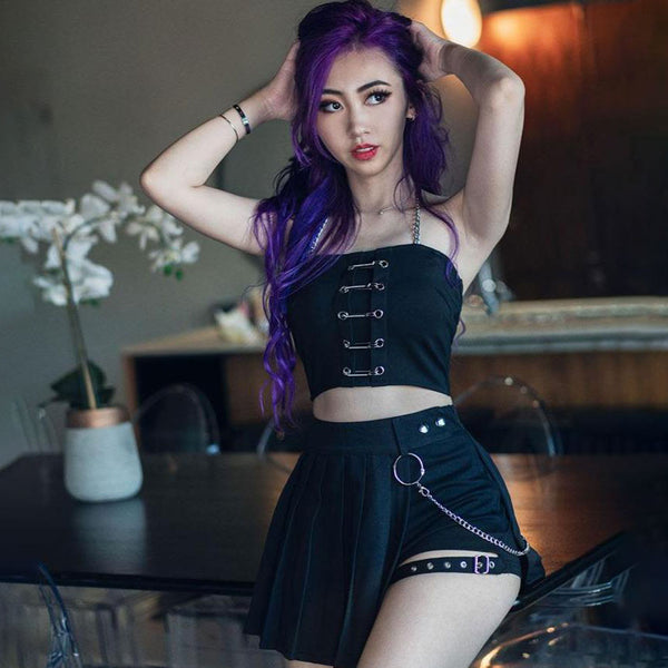 mochi chain skirt and pin tube top on purple hair model