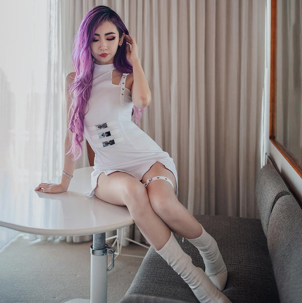 rose hip leg strap dress on purple hair model