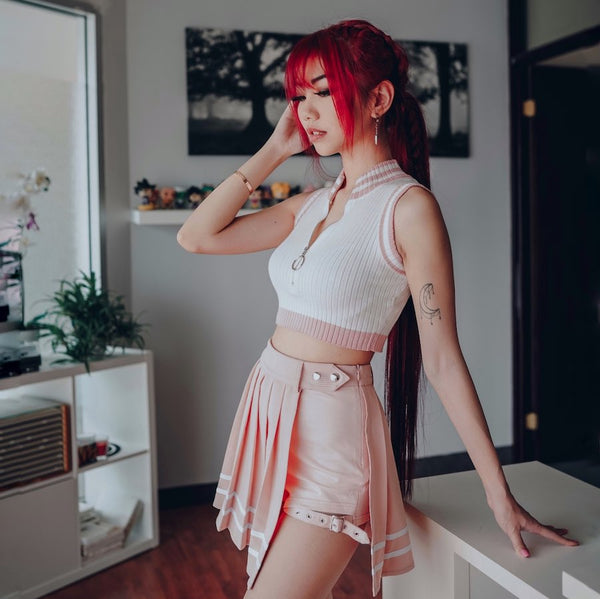 sakura slit skort with matching pink and white sakura skirt on red hair model