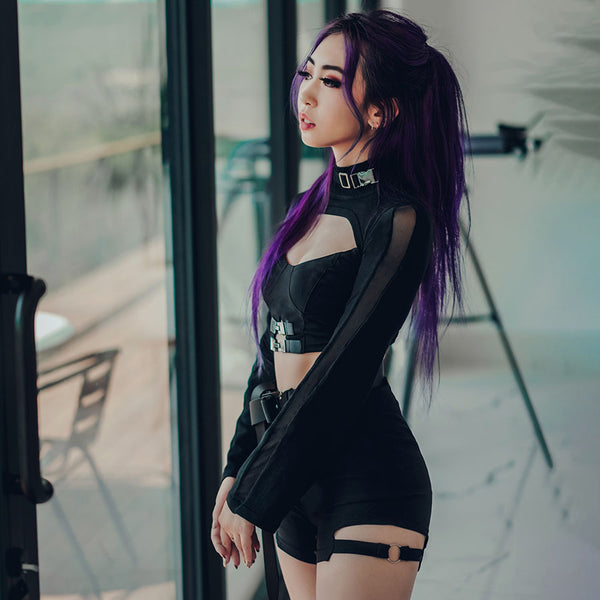soju super cropped top with matching black tank top and shorts on purple hair model