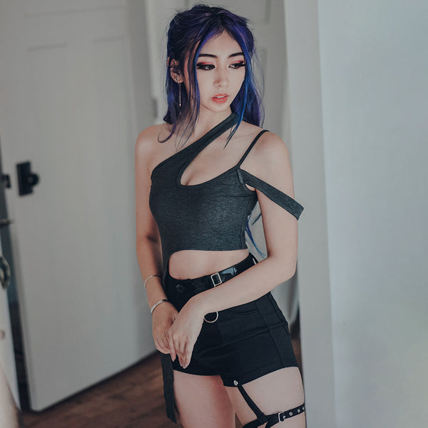 ume kpop strap top with black shorts on purple hair model