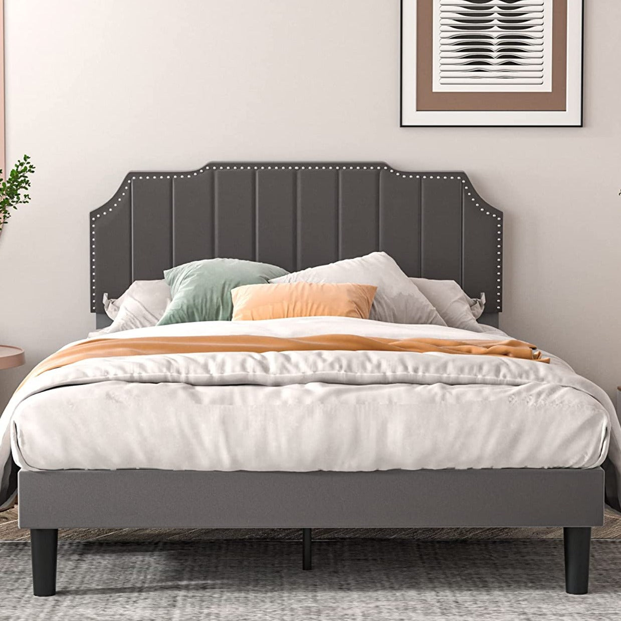 VECELO Upholstered Platform Bed Frame with Sheepskin Fabric Adjustable