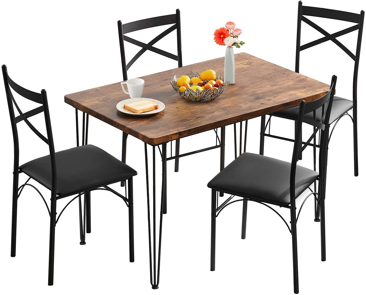 VECELO Metal and Wood Indoor Modern Rectangular Table Furniture Set for  Kitchen, Dining Room, Dinette, Breakfast Nook, Retro Brown